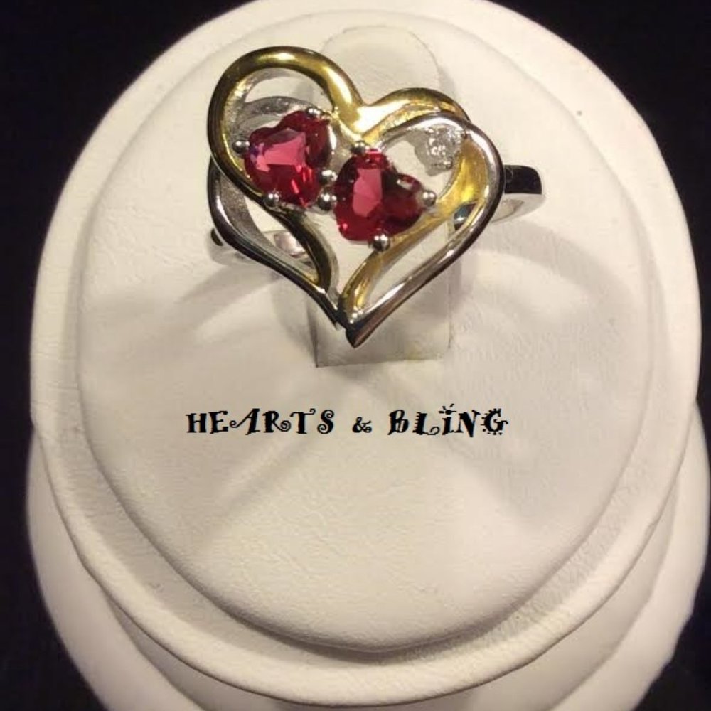 Romantic Double Heart Design w/ Red & White Simulant Diamond 14KT GOLD RING